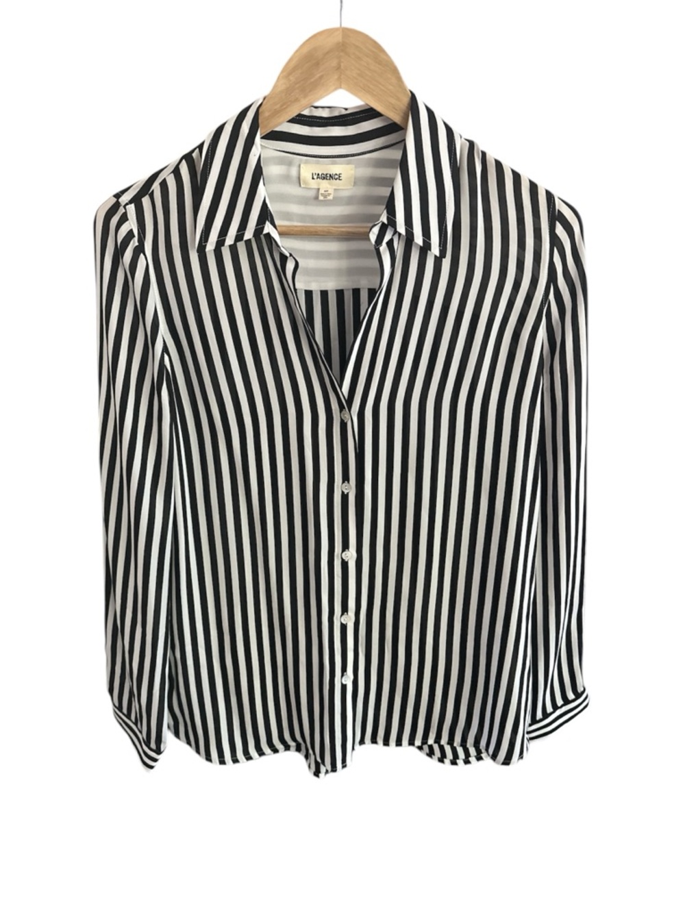 L’AGENCE Brielle Silk Blouse S Black White Stripe Sheer Button Down Collar Shirt